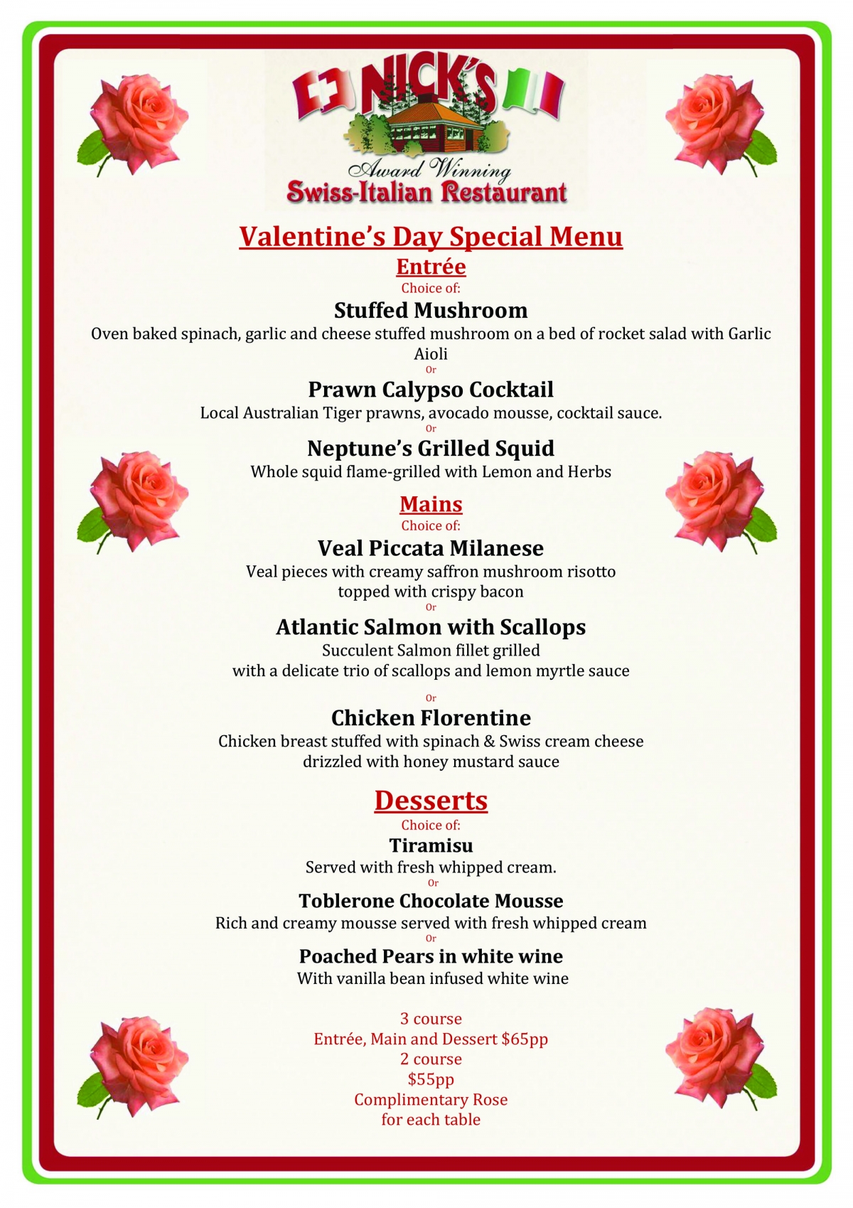 Valentines Day 2019 Menu at Nick’s Restaurant Nick's Restaurant Bar